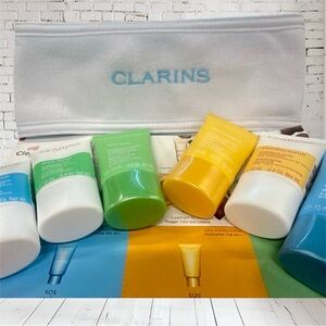 New Clarins Reset Your Skin 6 Pc Facial Set w/ Clarins Spa Headband and bag
